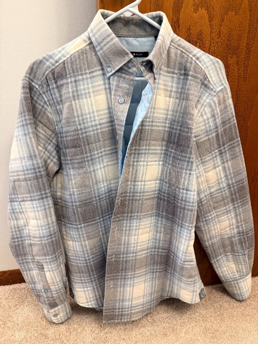 Hammer Made Men’s Quilted Light Blue & Grey Plaid Overshirt Jacket M/15.5
